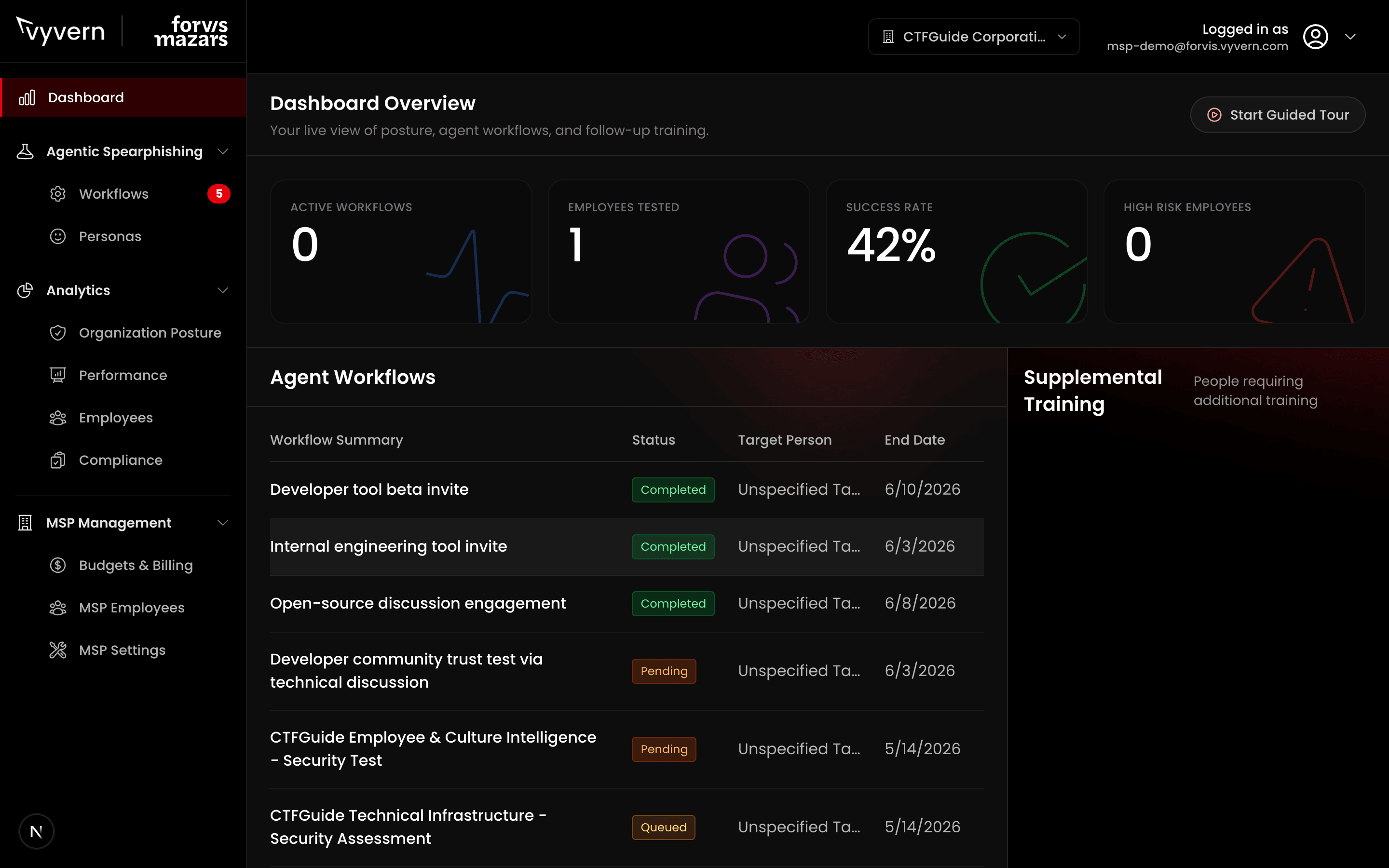 Vyvern MSP dashboard with client switcher, agent workflows, and MSP management navigation