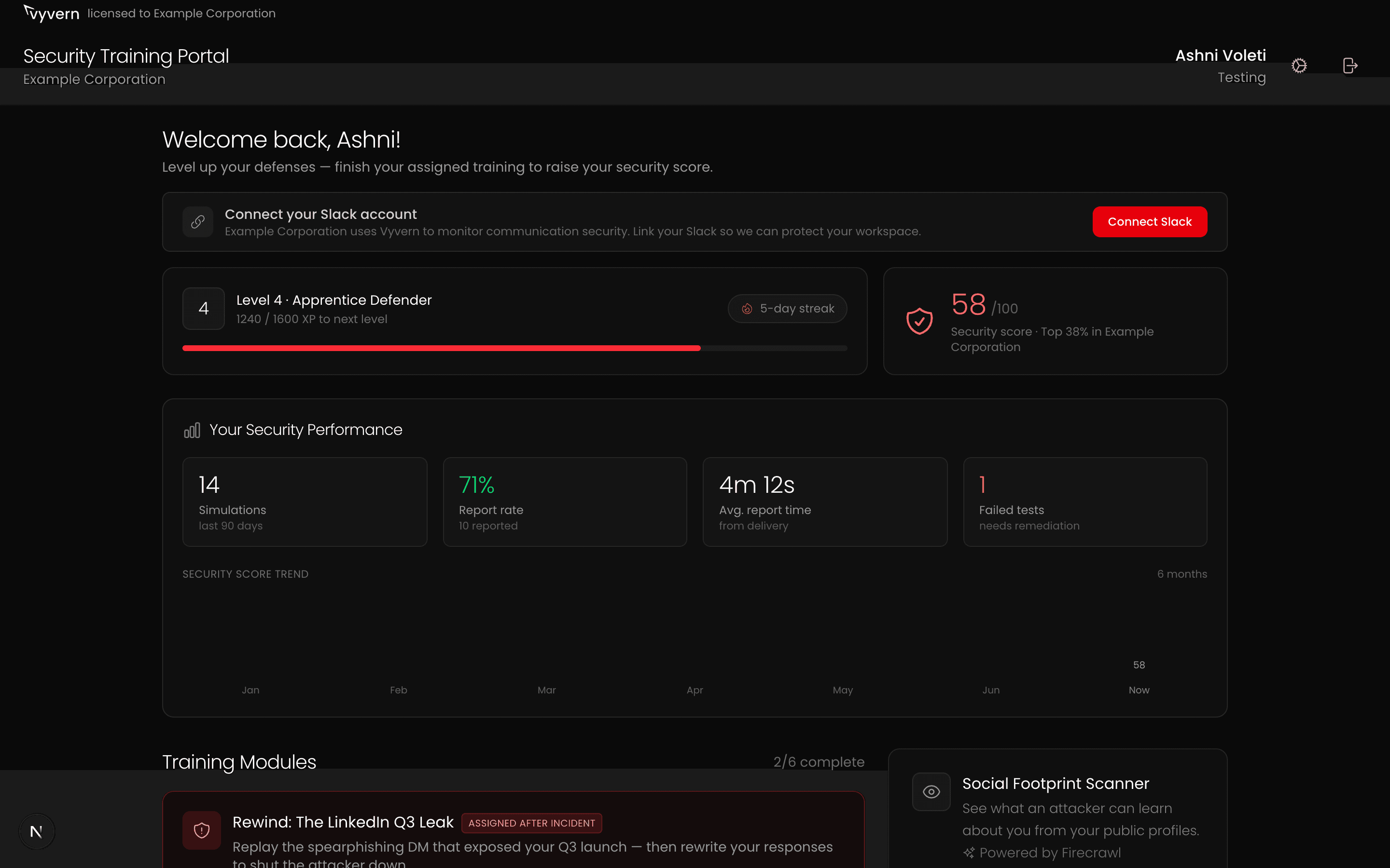Vyvern training portal with personalized progress and security score